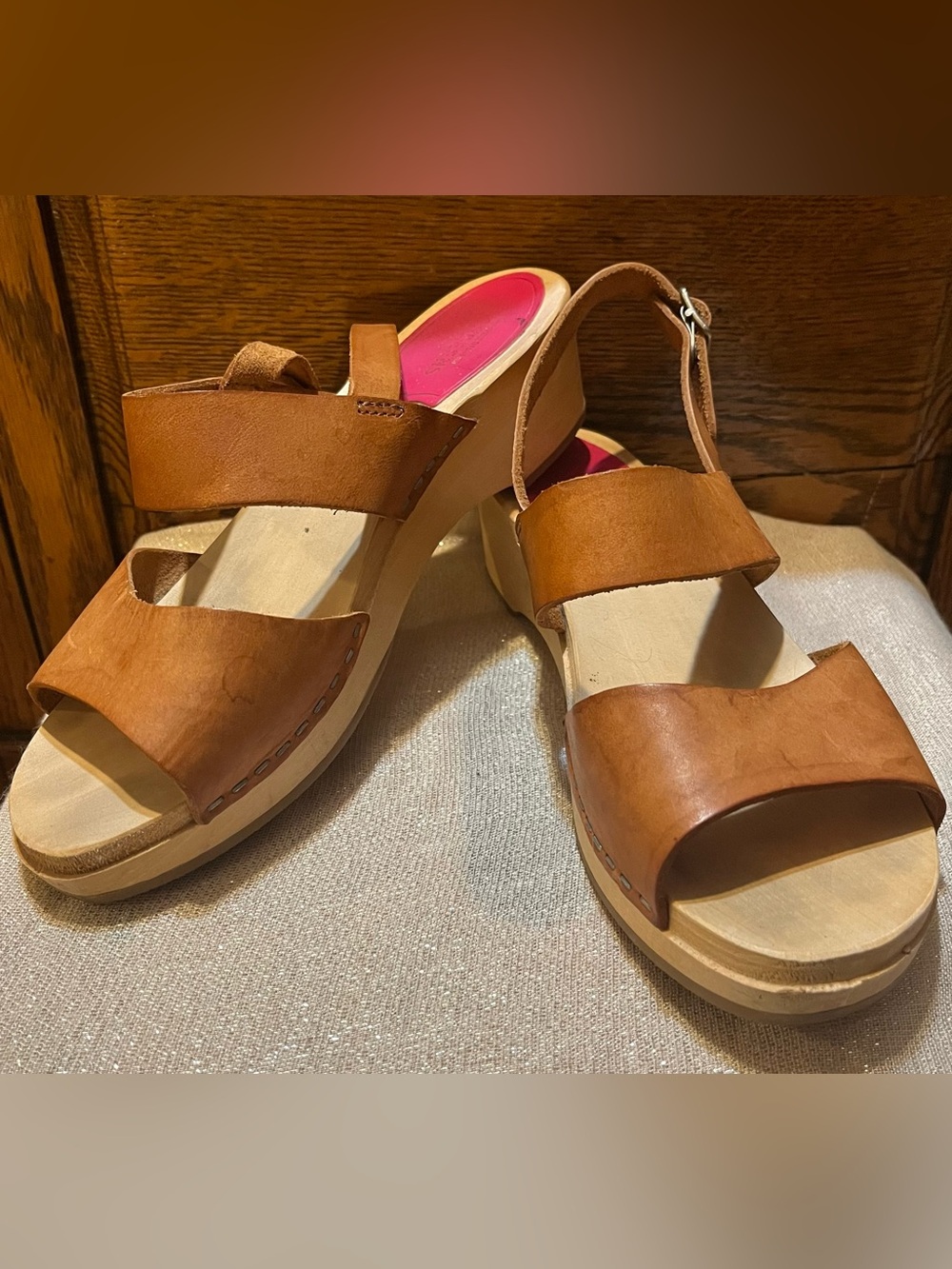 Swedish Haabeens Helena Tan Leather Wooden Platform Sandals Size 8 (38)